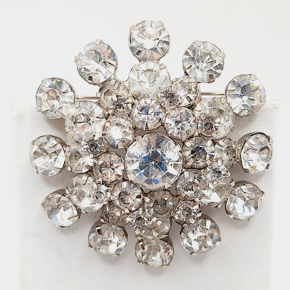 Vintage Clear Rhinestone Wedding Rhodium Plated 2 Inch Brooch